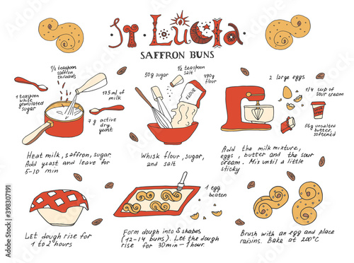 Saint Lucia Day saffron buns recipe. Swedish Christmas traditional baking. Vector illustration with hand drawn lettering. Perfect for cards, posters and cookbooks