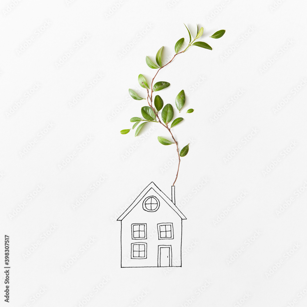 Sketch of house with branch of green leaves. Sketch of house with branch of green leaves.