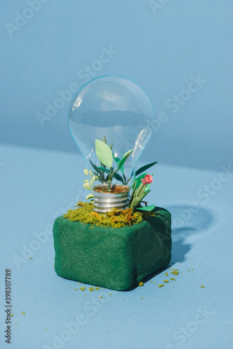 green energy concept, lightbulb with plant growing inside