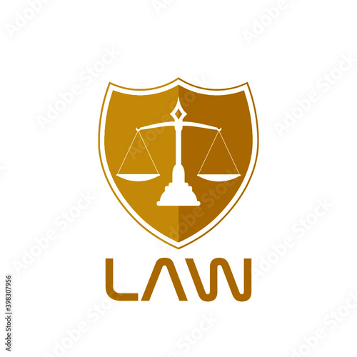 Law logo. Golden shield of justice with scales inside icon isolated on white background