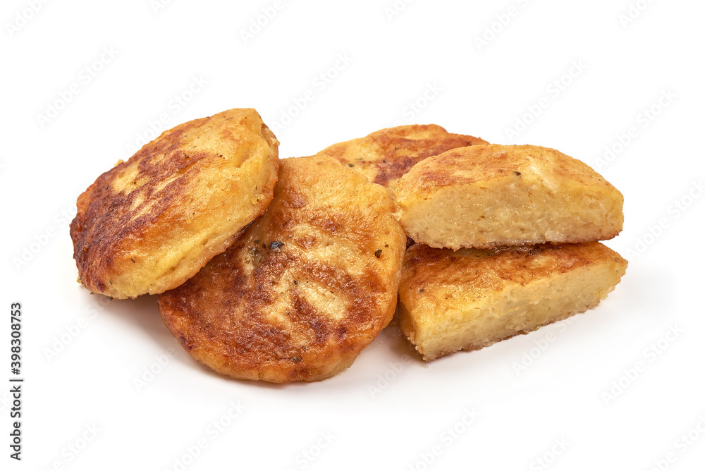 Fried potato pancakes, isolated on white background Fried potato pancakes, isolated on white background