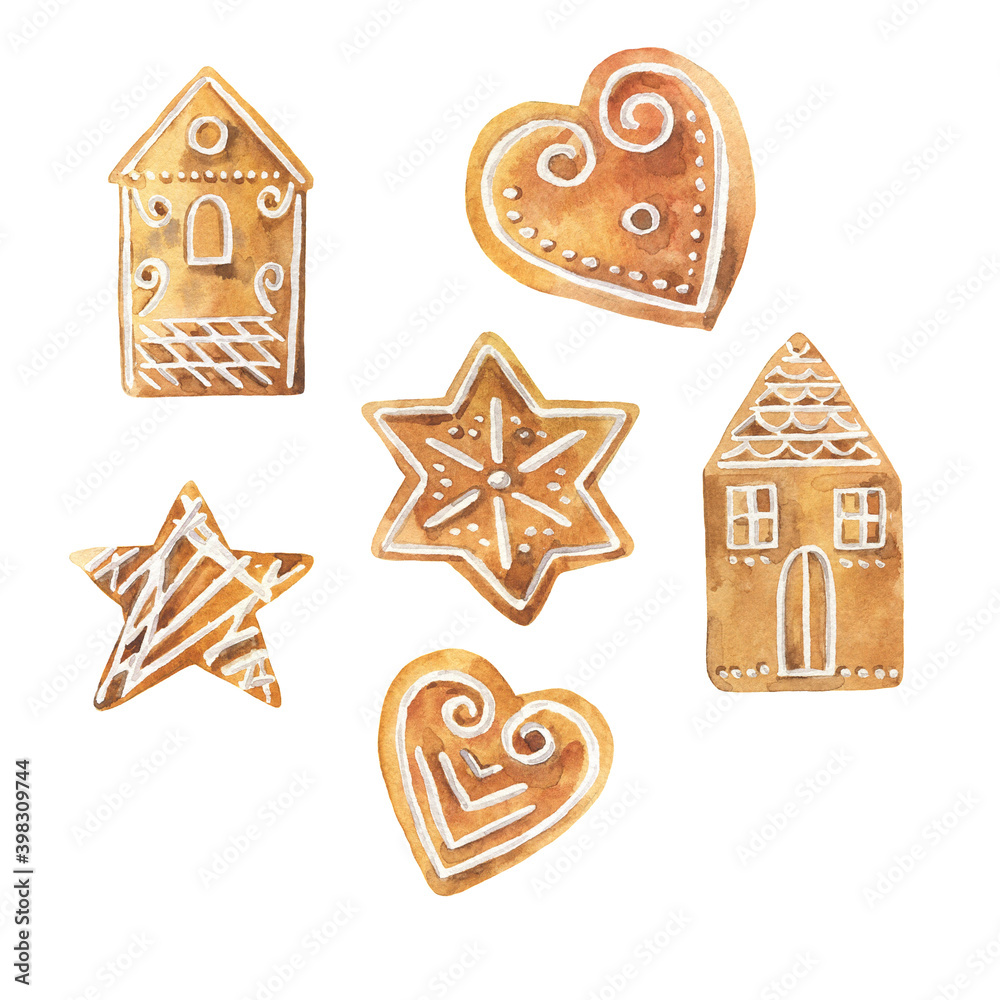 Set of traditional holiday gingerbread on white background. Hand drawn watercolor illustration. Set of traditional holiday gingerbread on white background. Hand drawn watercolor illustration.