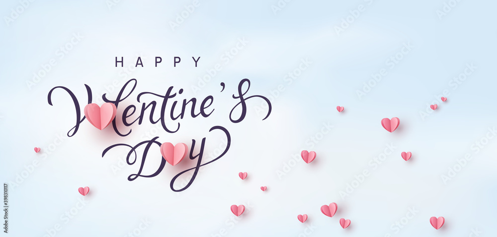 Valentine's Day greeting card and pink paper flying hearts on blue sky background. Vector romantic symbols of love with lettering postcard or banner