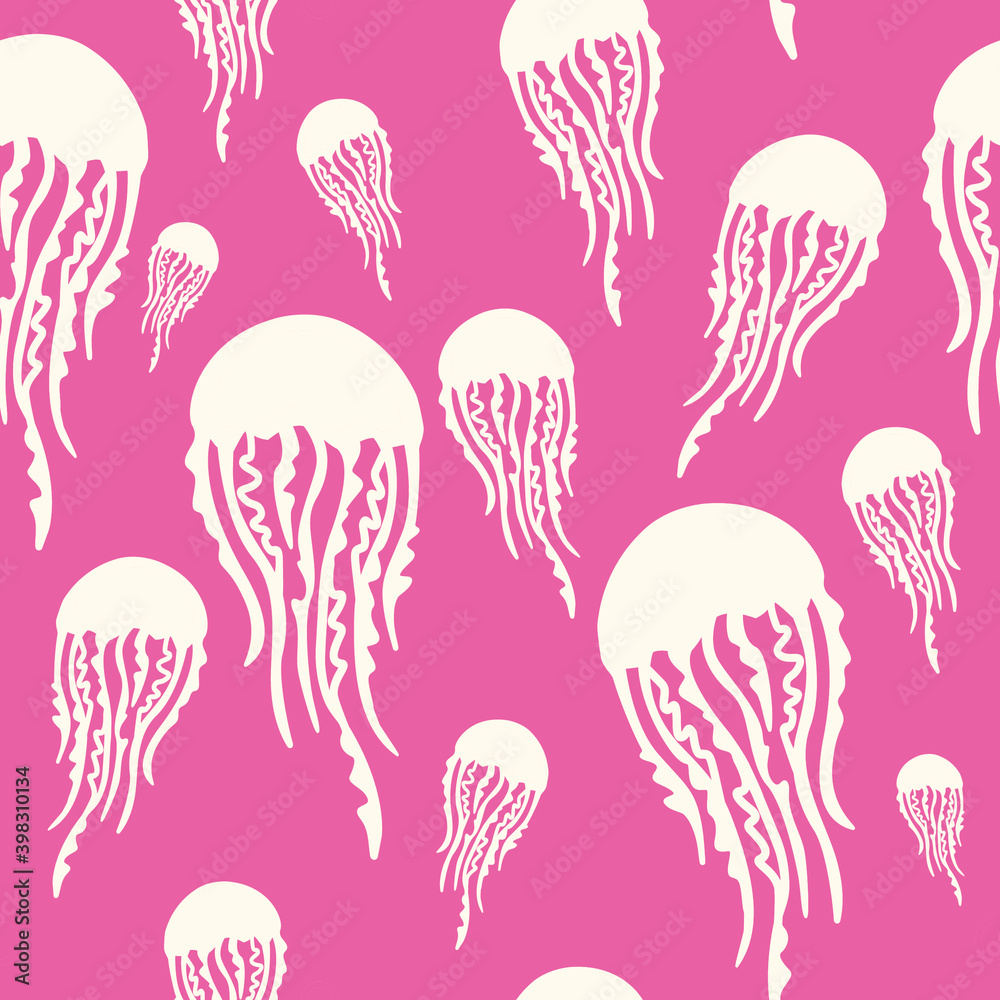 Vector cartoon seamless pattern with white jellyfish and decorate circles on the pink background. Memphis style. For textile design cover children's wallpaper posters. Marine theme. Fun and colorful Vector cartoon seamless pattern with white jellyfish and decorate circles on the pink background. Memphis style. For textile design cover children's wallpaper posters. Marine theme. Fun and colorful