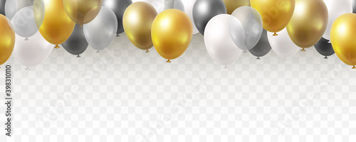 Balloon seamless border isolated on transparent background. Vector realistic gold, golden bronze, silver, white and black festive 3d helium baloons banner for anniversary, birthday party design