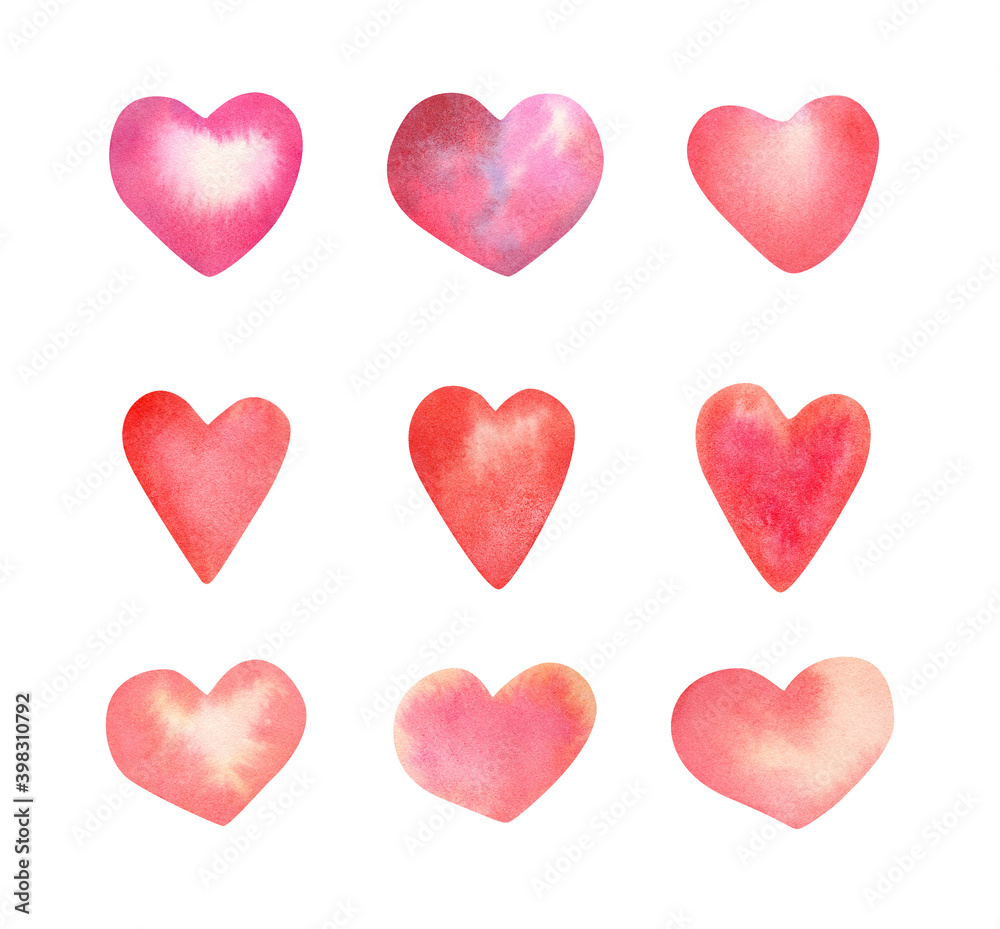 Watercolor set of cute hearts isolated on white for valentines day decor, fabric texture, cards design Watercolor set of cute hearts isolated on white for valentines day decor, fabric texture, cards design