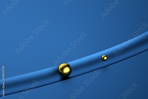 Golden metal balls in the tunnel on blue background
