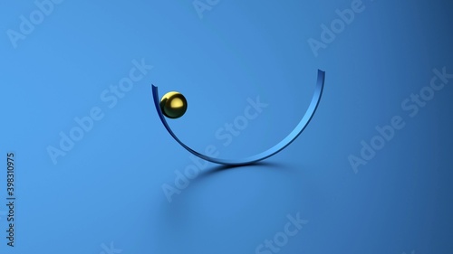 Balancing silver ball on metal curve strip.