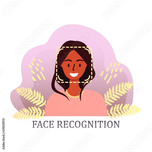Flat vector illustration of face recognition for smartphone identification and app access. Modern technologies for using biometric data of users and device owners.