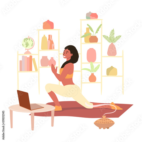Flat vector cartoon illustration of a woman practicing yoga at home. View online classes on a laptop and use the aroma lamp during yoga, isolated on a white background.