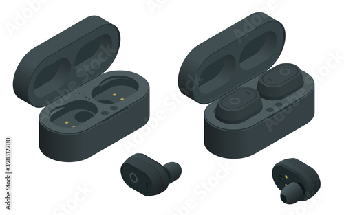 Black Wireless Earphones and Case isolated on a white background. Bluetooth headphones in isometric design. Bluetooth headphones for listen audio