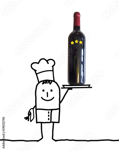 Cartoon Chef Waiter with big Bottle of Wine in a Tray © NLshop