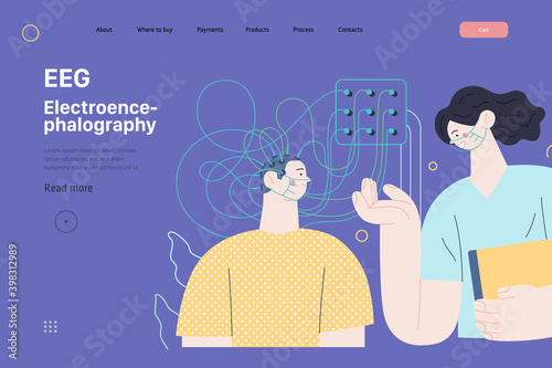 Medical tests illustration - EEG - electroencephalography - modern flat vector concept digital illustration of encephalography procedure - a patient with head electrodes and doctor in medical office