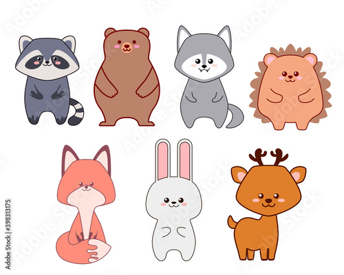 Set of cute forest animals isolated on white background. Flat design for poster or t-shirt. Vector illustration