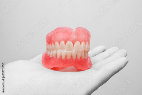 False teeth prosthesis. Doctor Dentist.