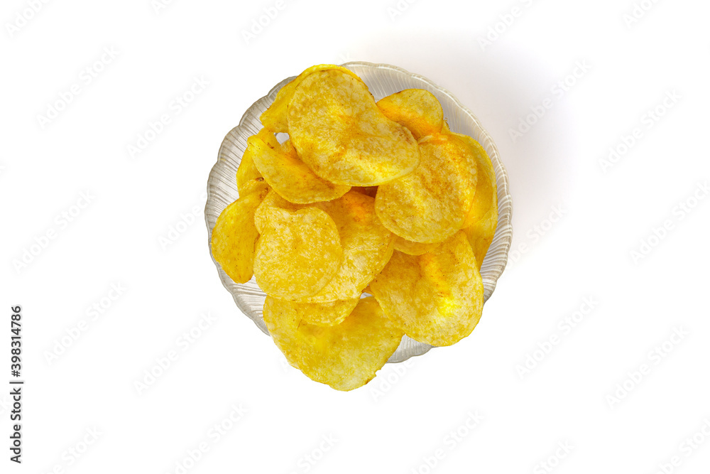 chips in bowl isolated on white background. Potato chips in a transparent glass bowl top view chips in bowl isolated on white background. Potato chips in a transparent glass bowl top view