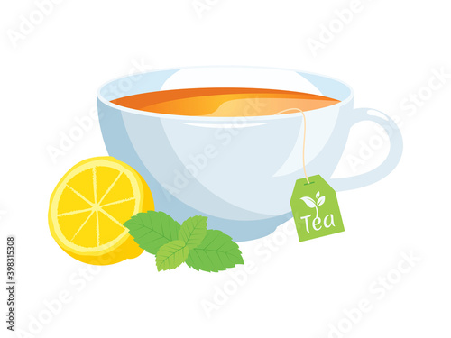 White cup of tea with lemon and mint icon vector. Fresh tea in a white cup vector. Tea bag in a mug vector. Cup of tea with lemon and mint icon isolated on a white background