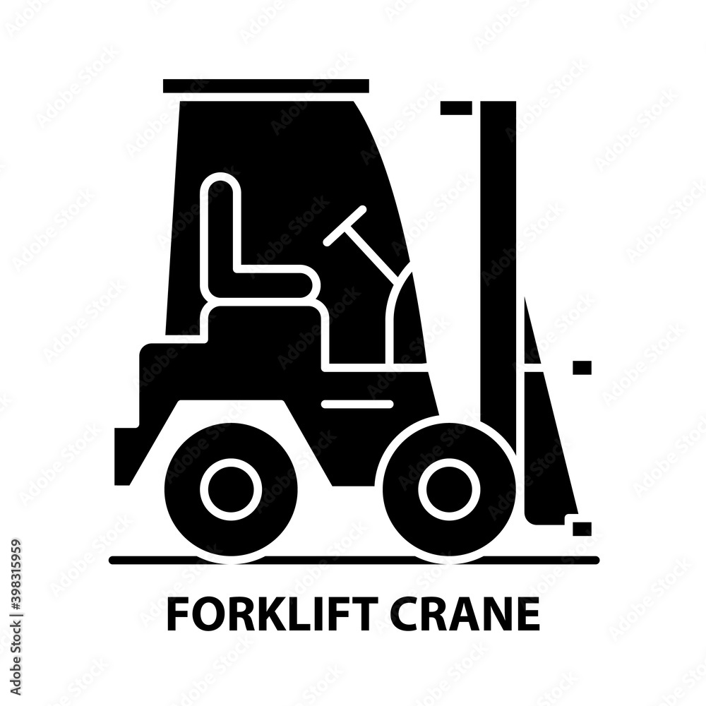 forklift crane icon, black vector sign with editable strokes, concept illustration forklift crane icon, black vector sign with editable strokes, concept illustration