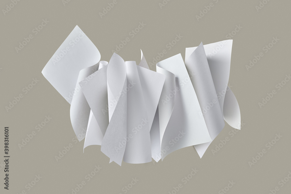 Floating set of rolled paper sheets. Floating set of rolled paper sheets.