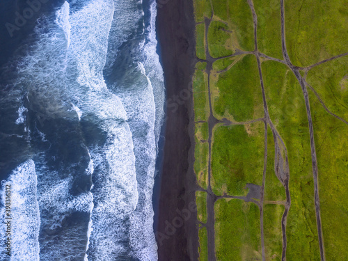 Top areal view from drone above ocean coast line Kamchatka krai, Russia. photo