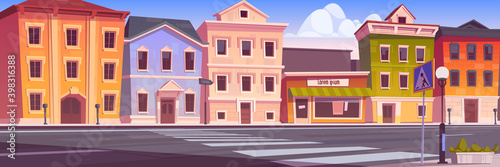 City street with houses, empty car road and pedestrian crosswalk. Vector cartoon background with cityscape, urban landscape with residential buildings, office and shops