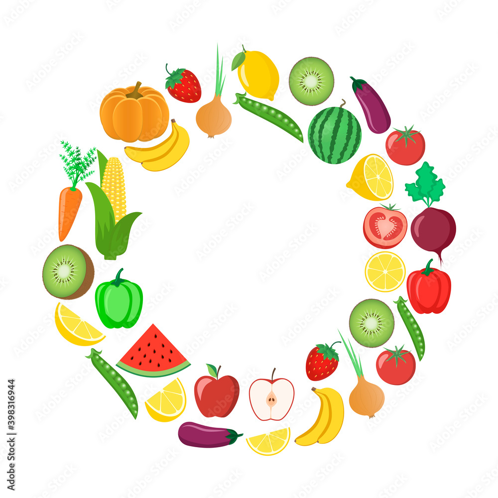 Vegetables and fruits. Watermelon, pumpkin, carrot, tomato, apple, onion, eggplant, banana, strawberry, beet, pepper, corn, peas, kiwi, lemon Vector illustration. Vegetables and fruits. Watermelon, pumpkin, carrot, tomato, apple, onion, eggplant, banana, strawberry, beet, pepper, corn, peas, kiwi, lemon Vector illustration.