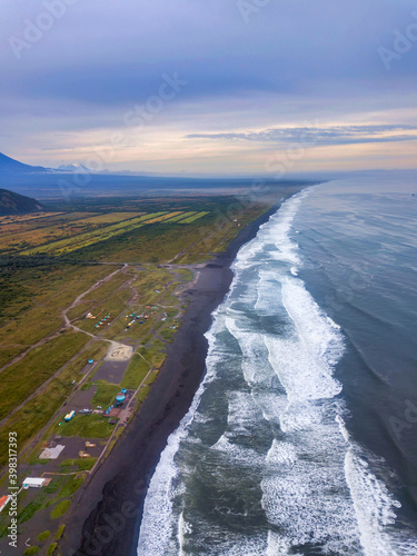 Beautiful seascape view from drone with ocean coastline, Kamchatka krai. photo