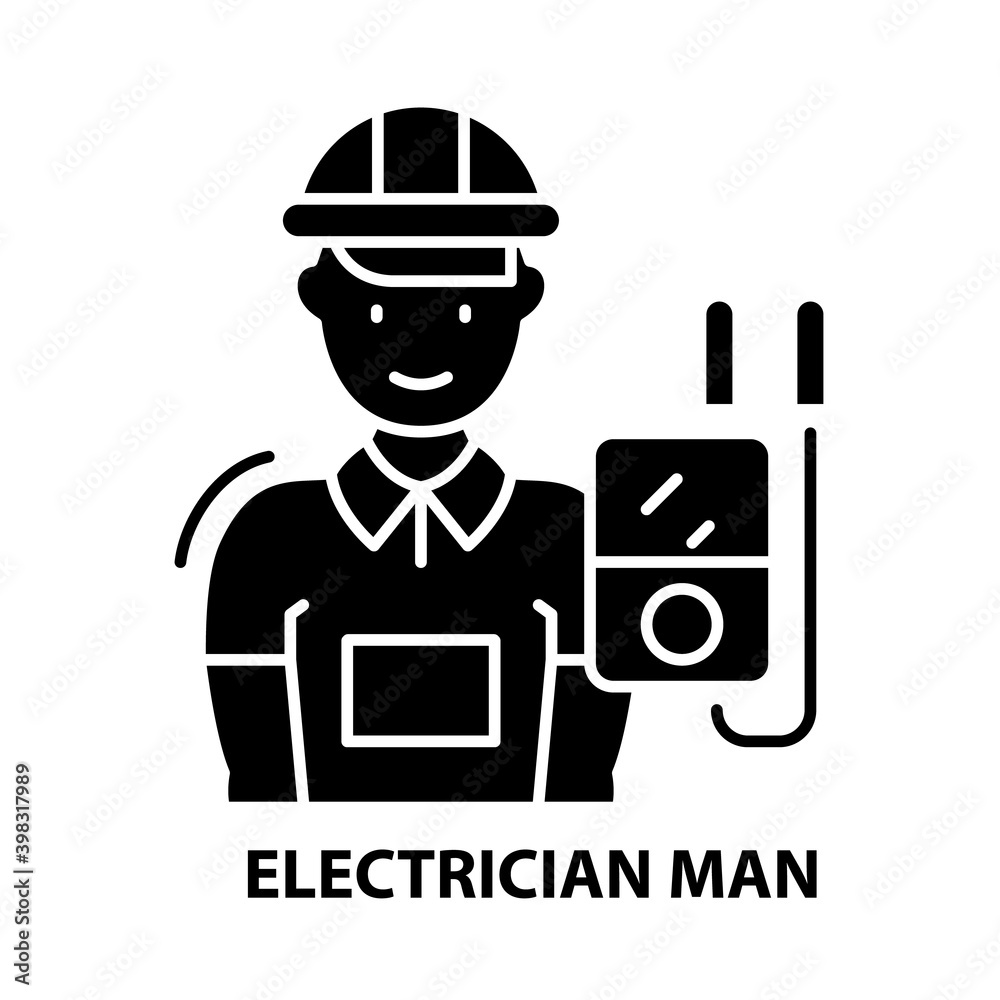 electrician man icon, black vector sign with editable strokes, concept illustration electrician man icon, black vector sign with editable strokes, concept illustration