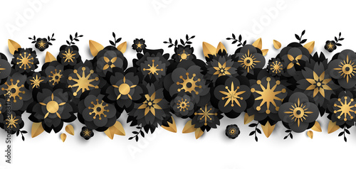 Black seamless border with paper cut flowers and golden leaves isolated on white background. Vector illustration. Design for black friday sale posters, brochures or vouchers, funeral wreath