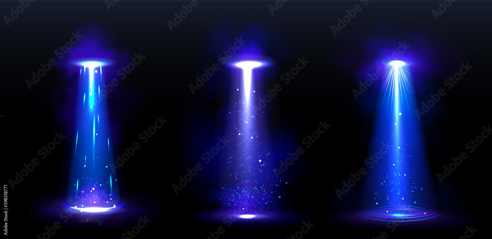 Ufo light beams, glowing rays from alien spaceships at night. Vector realistic set of spotlight effect of flying saucer illuminated fog and particles. Spacecraft glow beams on black background