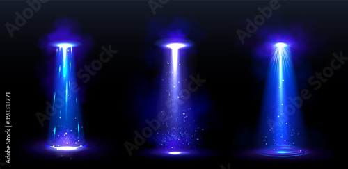 Fototapeta Ufo light beams, glowing rays from alien spaceships at night
