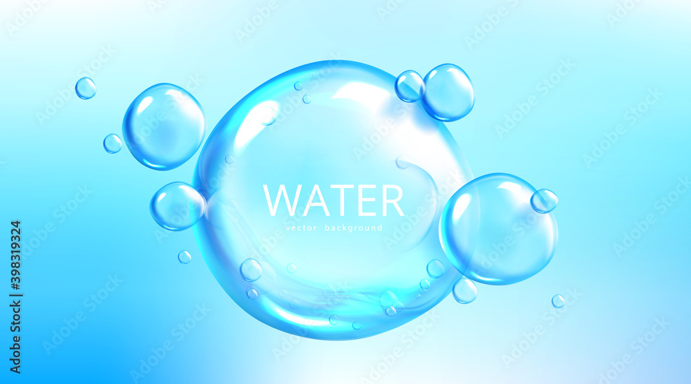 Water background, air bubble spheres on blue aqua backdrop. Template for  advertising, Save planet resources and ecology protection concept with  liquid balls or drops, Realistic 3d vector illustration Stock Vector | Adobe