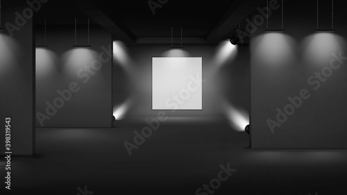 Art gallery empty interior with banner in center, illuminated with spotlights. 3d room museum passages with lights picture presentation, photography contest exhibition hall, Realistic vector mock up photo