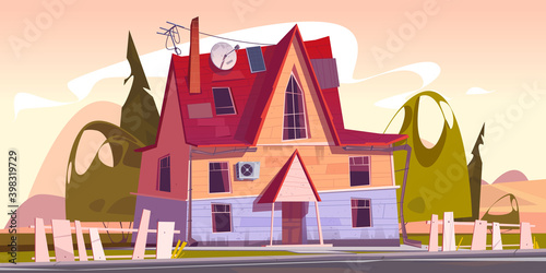 Old house, decrepit residential suburban cottage with rickety fence and satellite antenna on roof. Real estate countryside building exterior, two storey dwelling place. Cartoon vector illustration