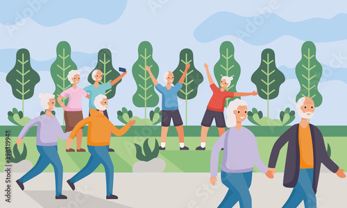 active seniors couples practicing activities in the camp