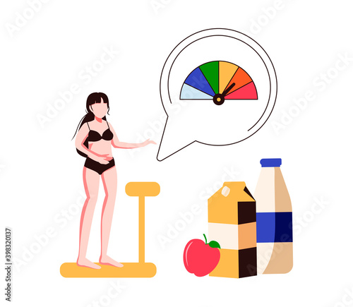 Woman and obese chart scales isolated flat vector illustration. Cartoon person on diet trying weight control with BMI. 