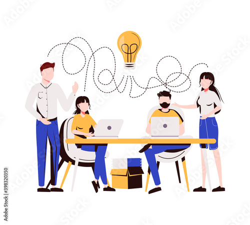 Business team working together, brainstorming, discussing ideas for project. People meeting at desk in office. Vector illustration for co-working, teamwork,