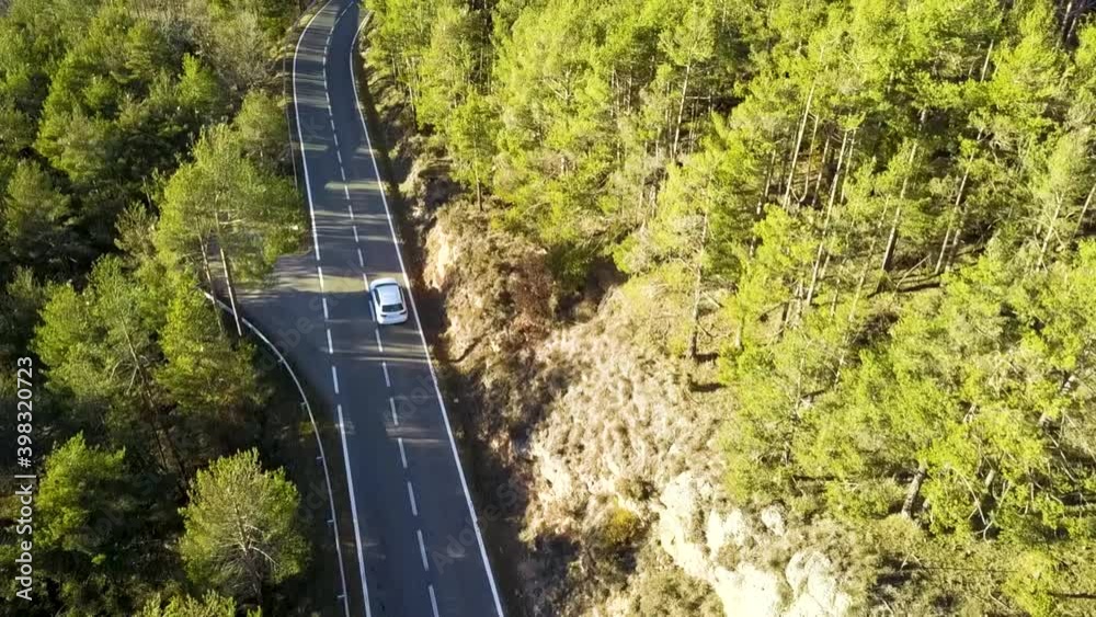 Aerial view of a white car driving through a forest with the golden sun shining. Aerial view of a white car driving through a forest with the golden sun shining.