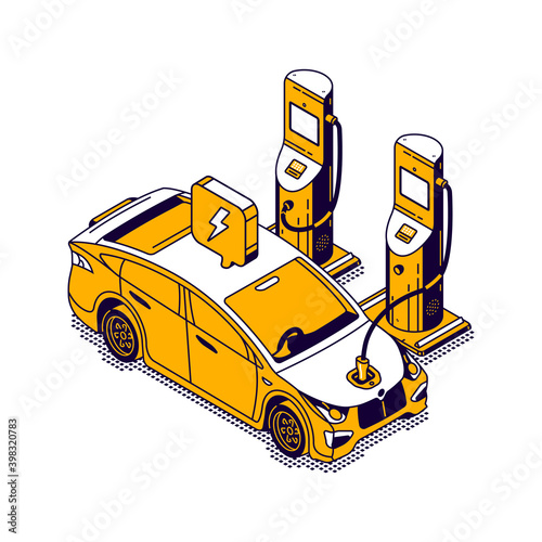 Electric refueling car isometric icon, green fuel, environmental protection concept