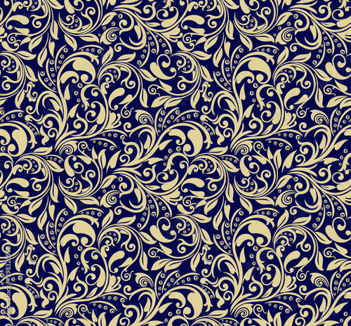 Seamless blue background with beige pattern in baroque style. Vector retro illustration. Ideal for printing on fabric or paper for wallpapers, textile, wrapping.