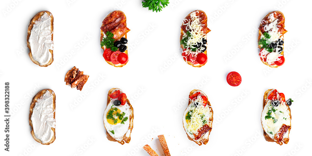 Bruschetta with different fillings on a white background. 