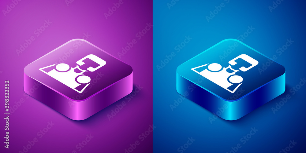 Isometric Medieval knight icon isolated on blue and purple background. Square button. Vector.