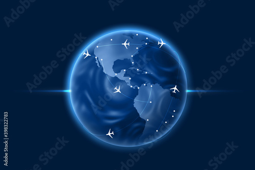 Wallpaper Mural World globe with flight routs, airplanes and destinations on blue background, illustration Torontodigital.ca