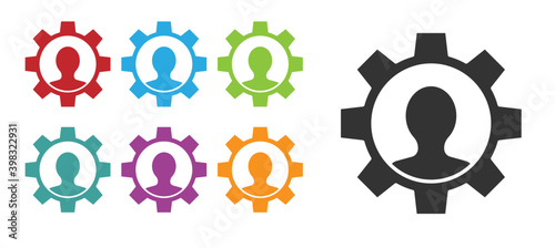 Black Human with gear icon isolated on white background. Artificial intelligence. Thinking brain sign. Symbol work of brain. Set icons colorful. Vector.