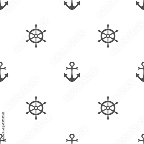 Anchor and helm seamless pattern. Sea white background. Ocean symbols vector illustration