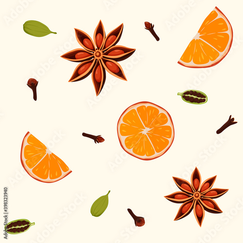 Ingredients for winter warming drinks - spiced tea, mulled wine. Seamless pattern with orange slices, anise stars, cardamom and cloves spice. 