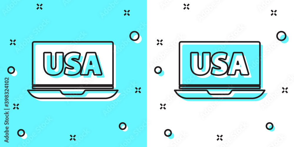 Black line USA United states of america on laptop icon isolated on green and white background. Random dynamic shapes. Vector. Black line USA United states of america on laptop icon isolated on green and white background. Random dynamic shapes. Vector.
