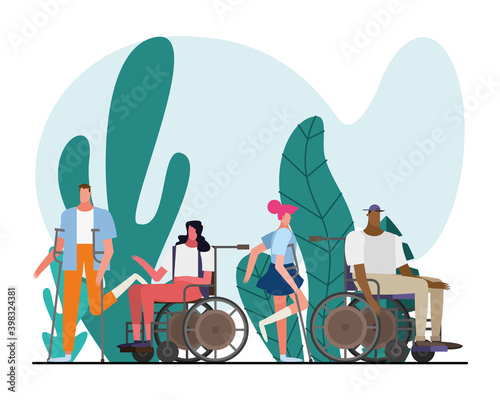 group of interracial people with handicaps characters in the field