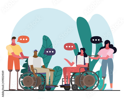 group of interracial people with handicaps talking characters