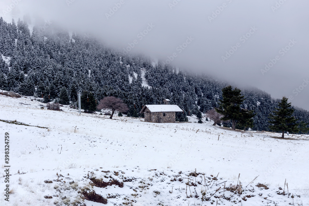 Mountain ski resort on a foggy day